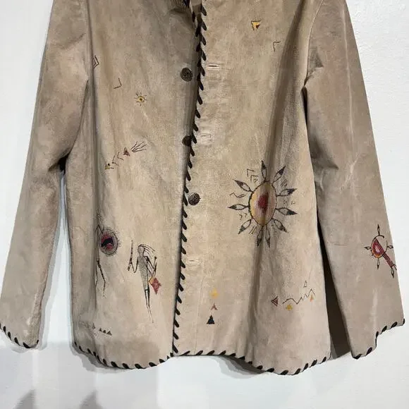 Chico's Tan Genuine Suede Leather Vintage Native Tribal Jacket Sz 2 - Picture 4 of 15